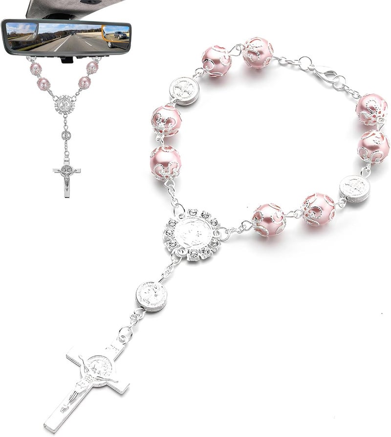 SHMZK Car Rosary for Rearview Mirror, Personalized Blessing Hanging Pendant for Car Rear View Mirror, Cross Rosary Ornament Interior Decor for Most Vehicles, Car Accessories (Pink) - Image 1